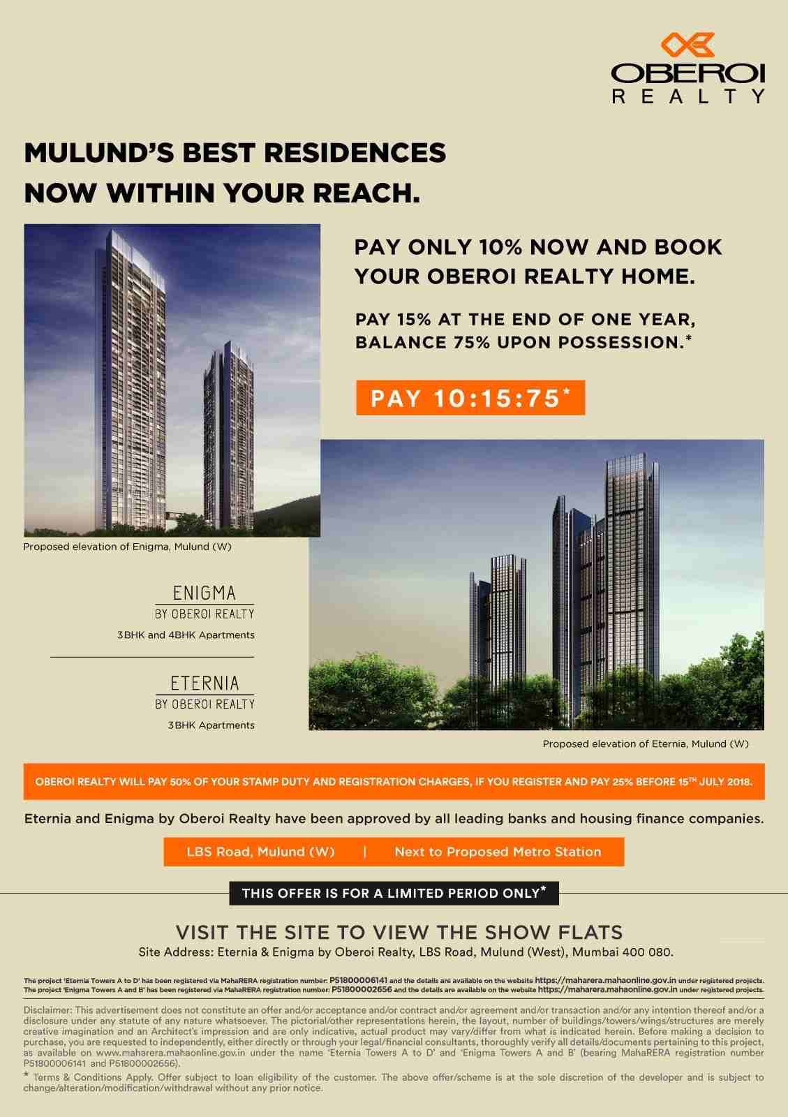 Pay only 10% now and book your Oberoi Realty Home in Mumbai